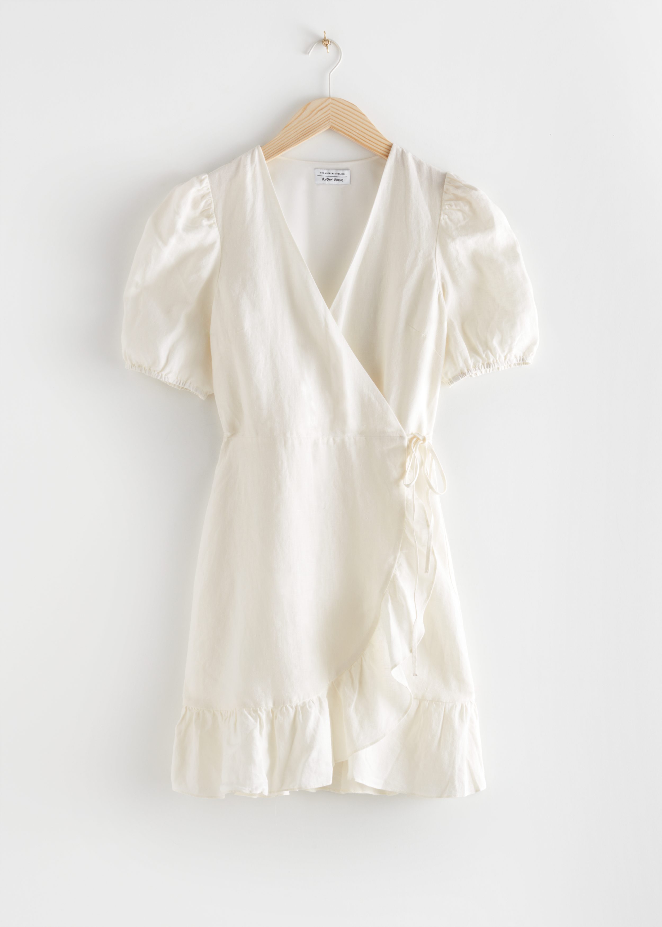 Puff Sleeve Linen Wrap Mini Dress White ...
